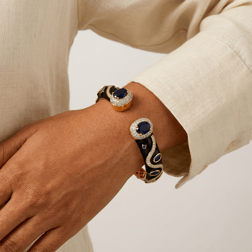 Mataari Bracelets Antique Gold Enamel Cubic Zirconia Openable Kada Bracelet