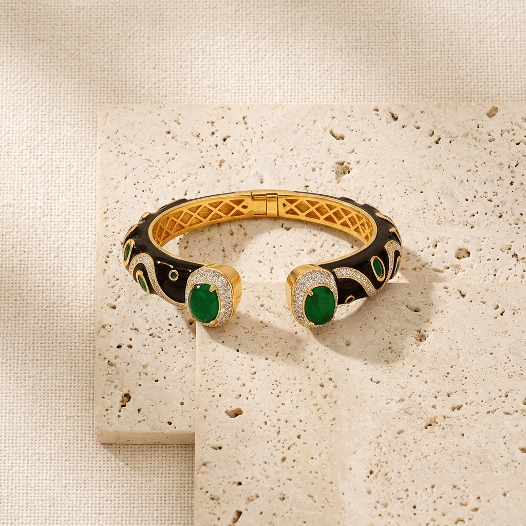 Mataari Bracelets Antique Gold Enamel Cubic Zirconia Openable Kada Bracelet