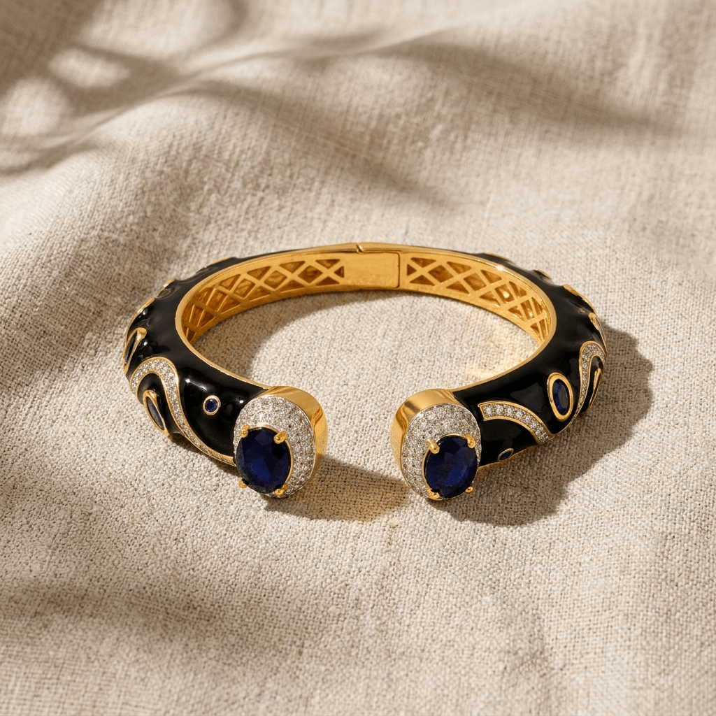 Mataari Bracelets Antique Gold Enamel Cubic Zirconia Openable Kada Bracelet