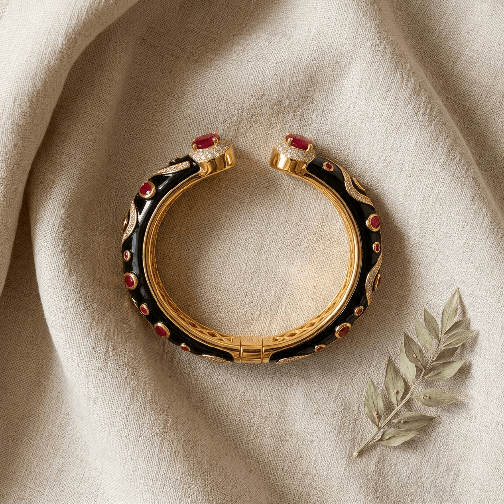Mataari Bracelets Antique Gold Enamel Cubic Zirconia Openable Kada Bracelet
