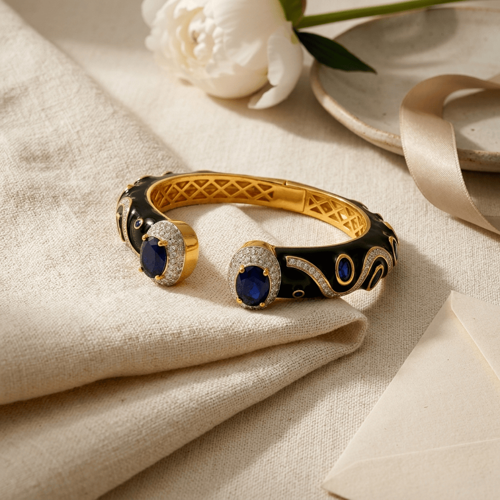 Mataari Bracelets Antique Gold Enamel Cubic Zirconia Openable Kada Bracelet