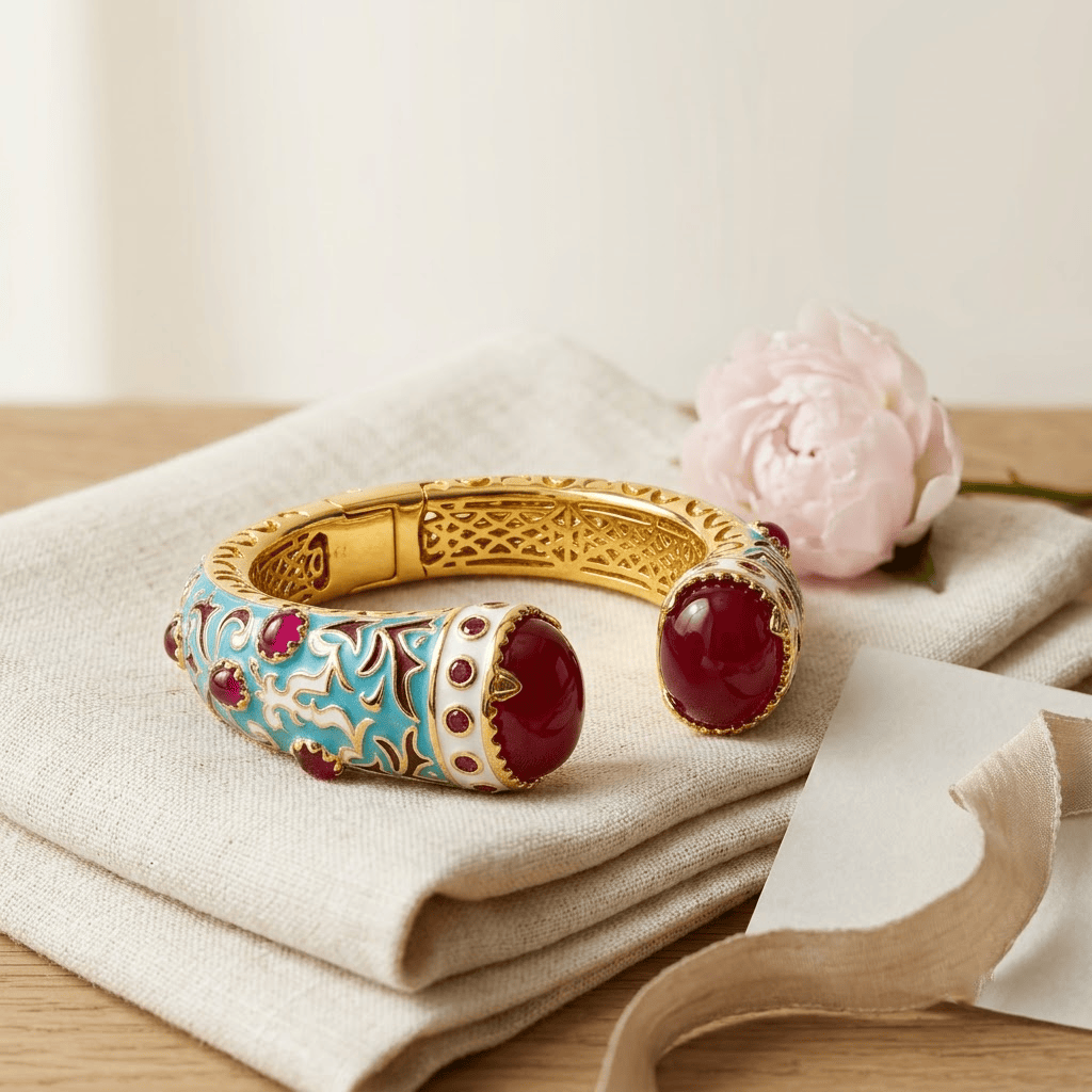 Mataari Bracelets Antique Gold Turquoise Enamel Ruby Openable Kada Bracelet
