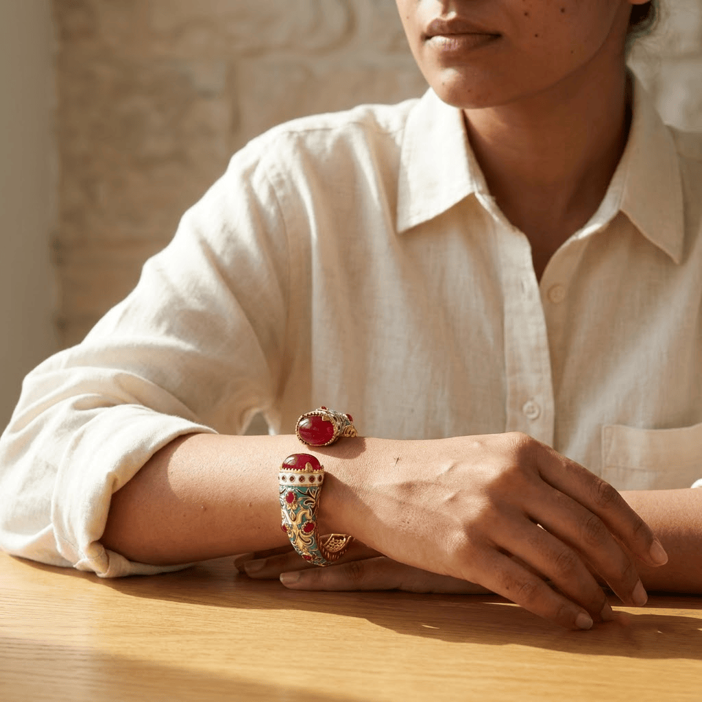 Mataari Bracelets Antique Gold Turquoise Enamel Ruby Openable Kada Bracelet