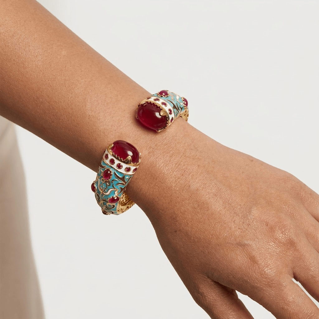 Mataari Bracelets Antique Gold Turquoise Enamel Ruby Openable Kada Bracelet