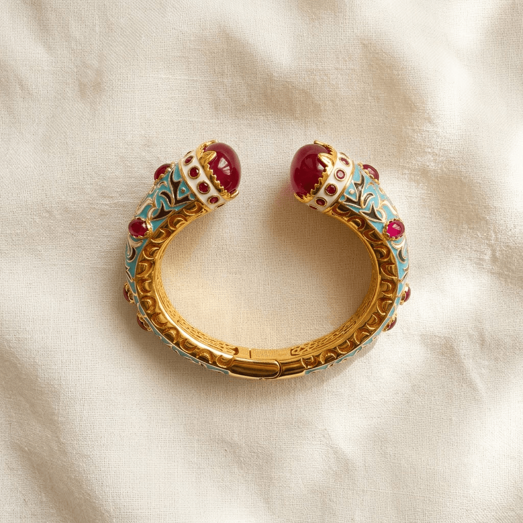 Mataari Bracelets Antique Gold Turquoise Enamel Ruby Openable Kada Bracelet