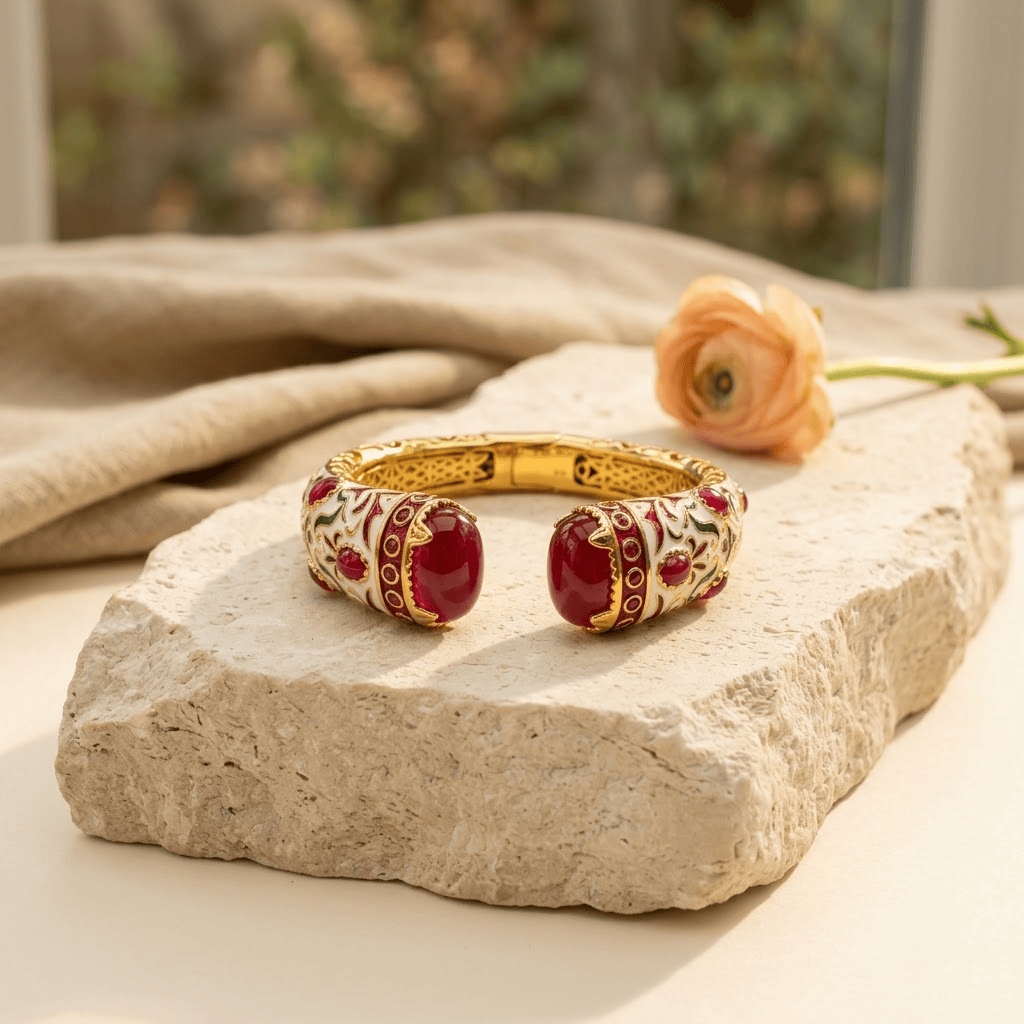 Mataari Bracelets Antique Gold White Enamel Ruby Openable Kada Bracelet