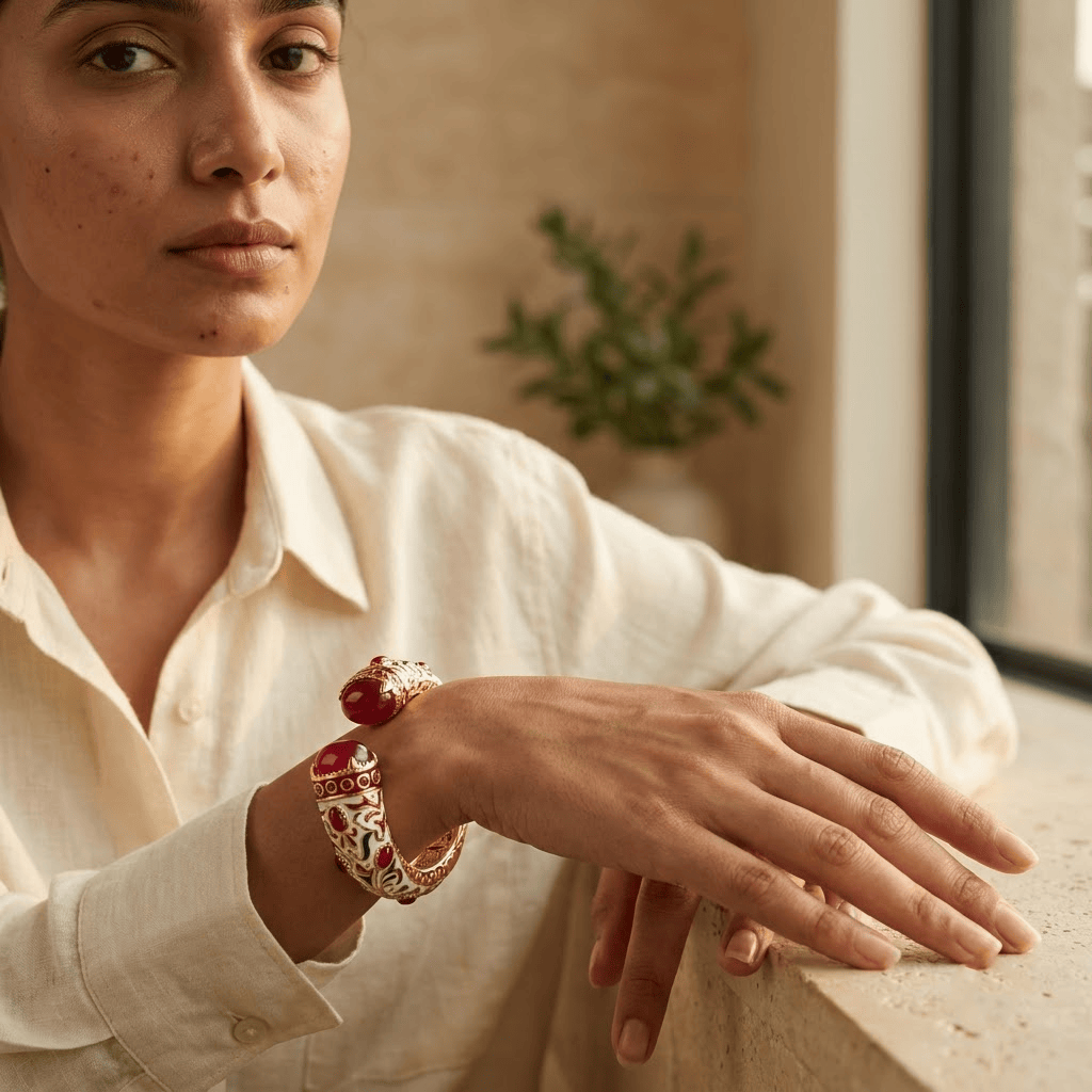 Mataari Bracelets Antique Gold White Enamel Ruby Openable Kada Bracelet