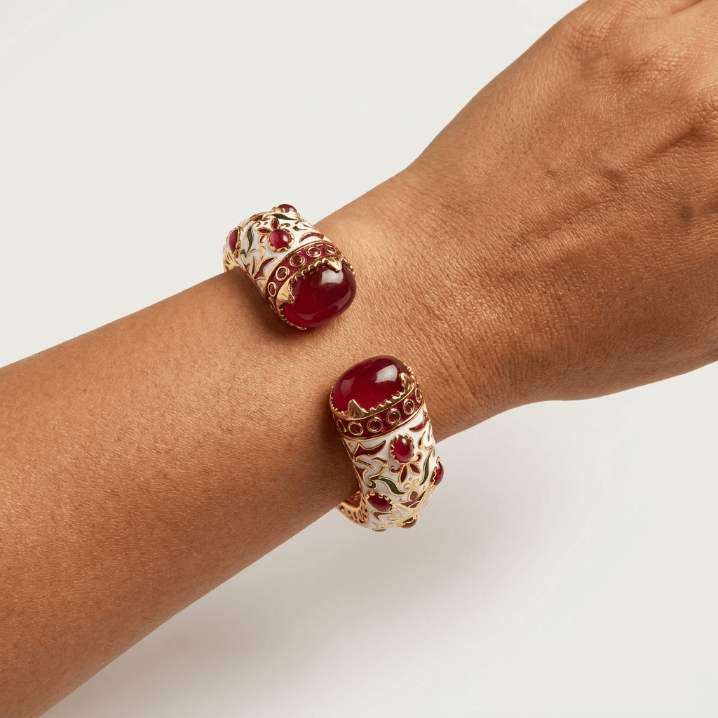Mataari Bracelets Antique Gold White Enamel Ruby Openable Kada Bracelet