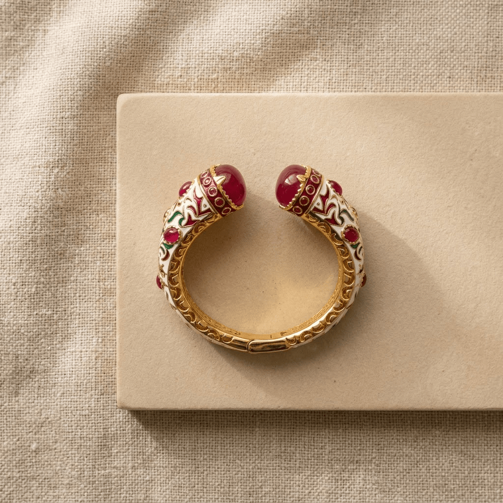 Mataari Bracelets Antique Gold White Enamel Ruby Openable Kada Bracelet