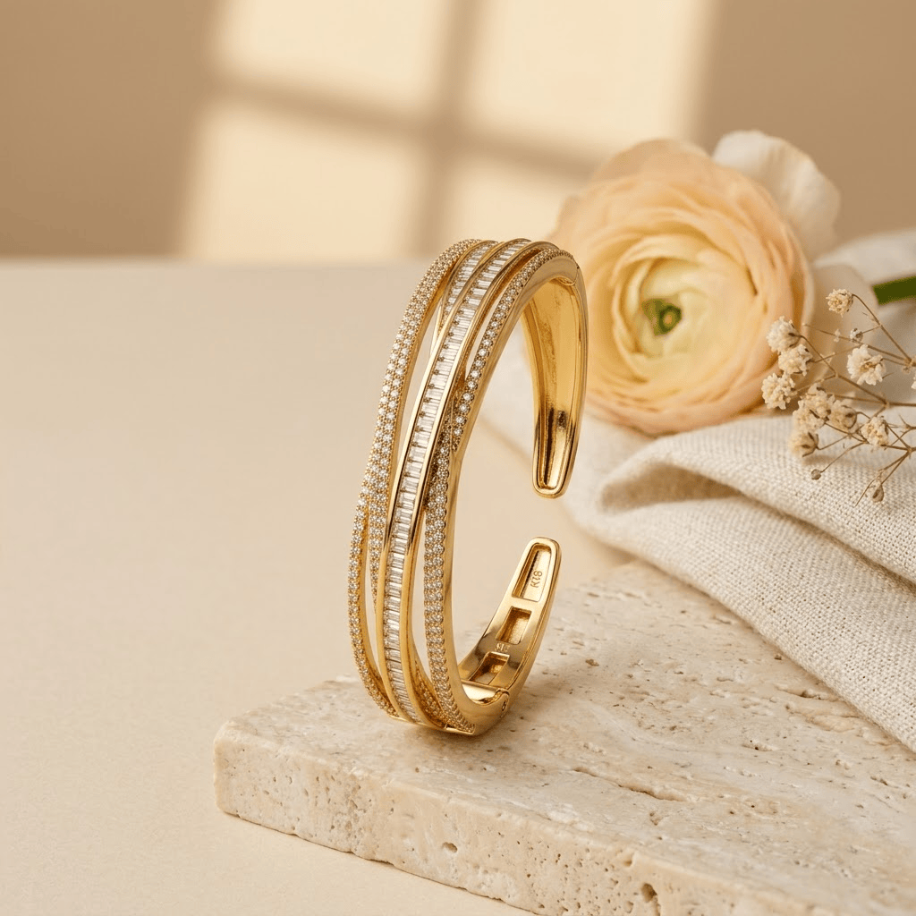 Mataari Bracelets Baguette Cubic Zirconia Adjustable Gold Plated Kada Bracelet