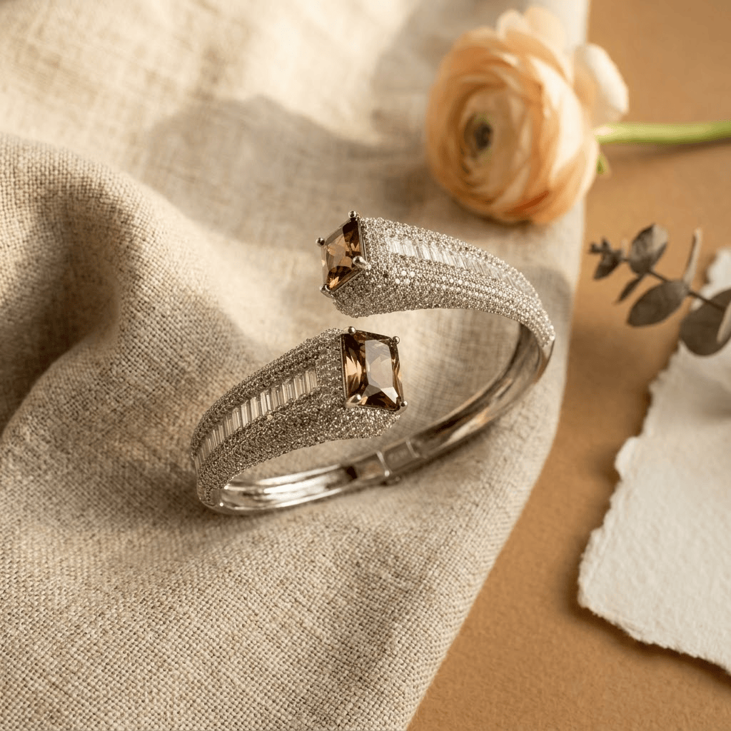 Mataari Bracelets Baguette Cubic Zirconia Silver Plated Kada Bracelet for Wedding