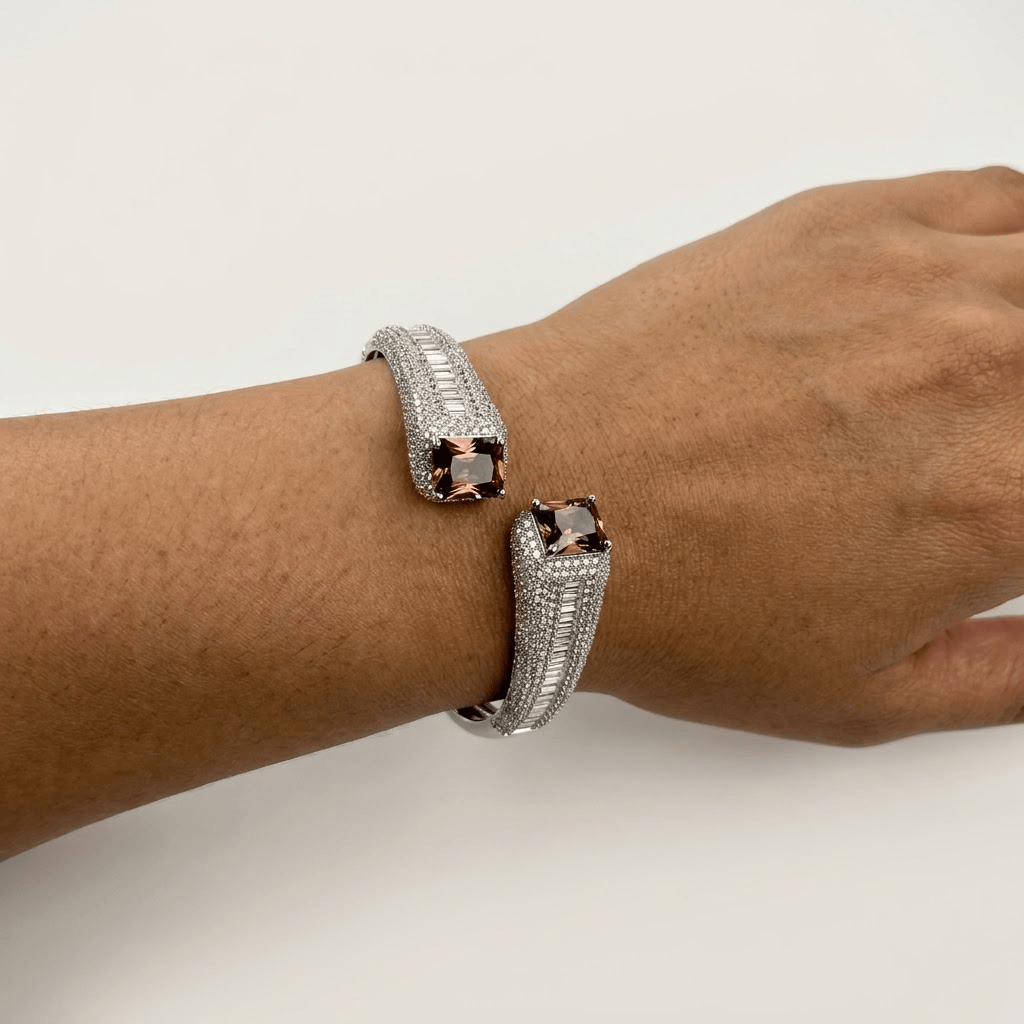Mataari Bracelets Baguette Cubic Zirconia Silver Plated Kada Bracelet for Wedding