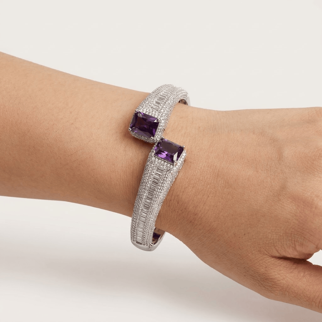Mataari Bracelets Baguette Cubic Zirconia Silver Plated Kada Bracelet for Wedding