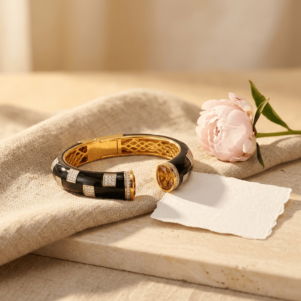 Mataari Bracelets Black Enamel Antique Gold Cubic Zirconia Openable Kada Bracelet