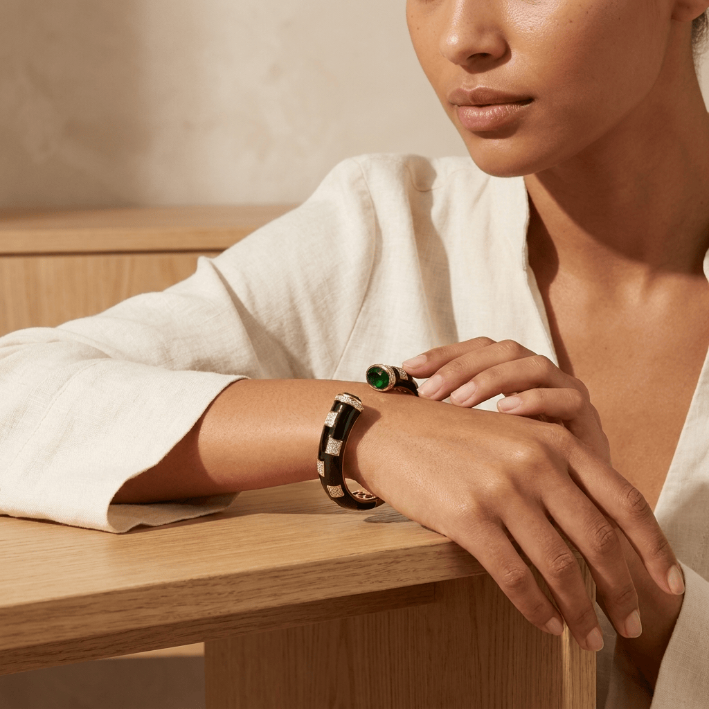 Mataari Bracelets Black Enamel Antique Gold Cubic Zirconia Openable Kada Bracelet