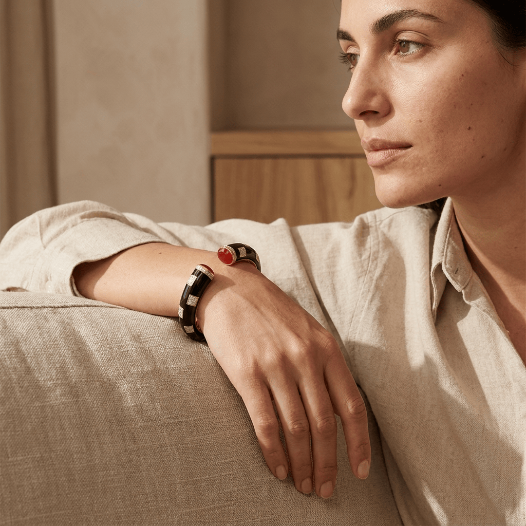 Mataari Bracelets Black Enamel Antique Gold Cubic Zirconia Openable Kada Bracelet