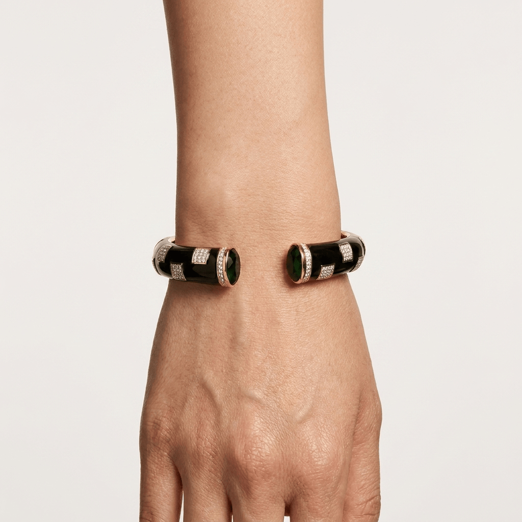 Mataari Bracelets Black Enamel Antique Gold Cubic Zirconia Openable Kada Bracelet