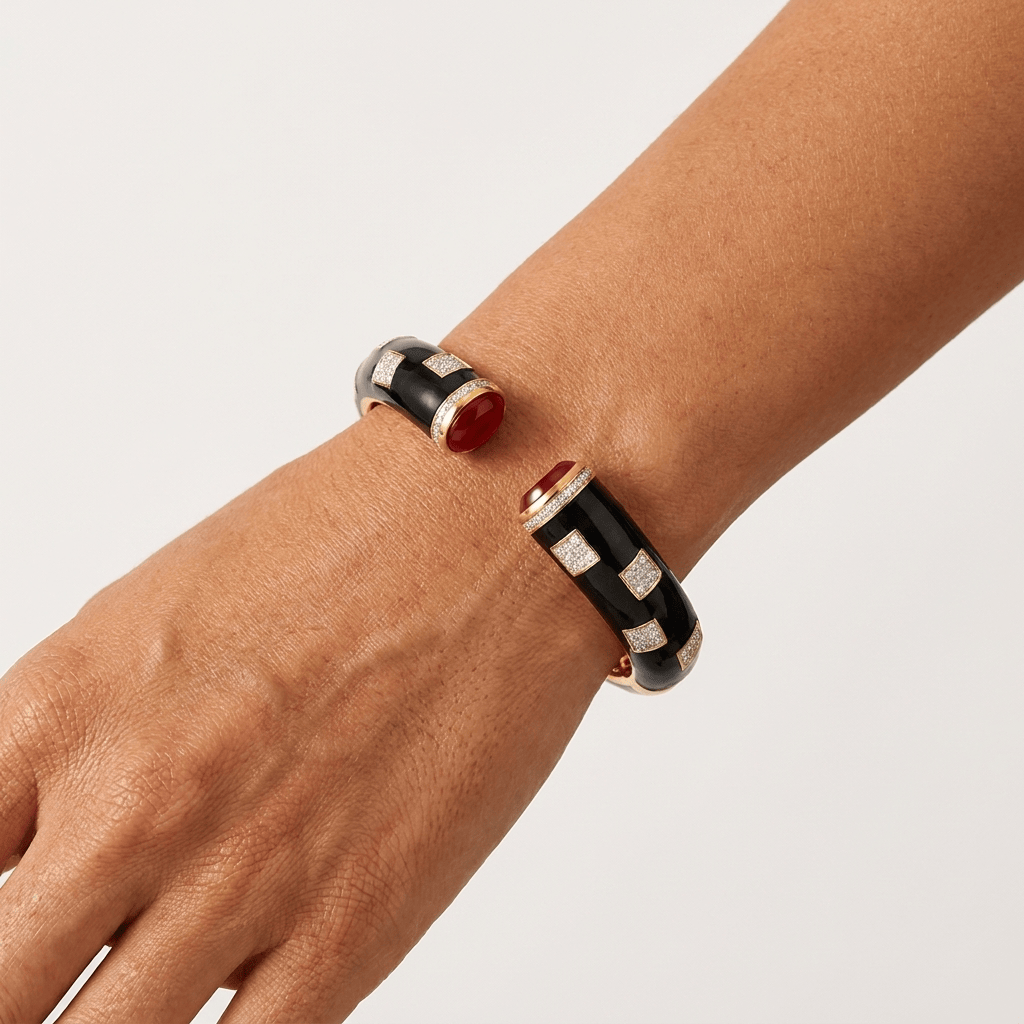 Mataari Bracelets Black Enamel Antique Gold Cubic Zirconia Openable Kada Bracelet