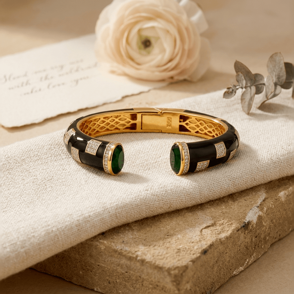 Mataari Bracelets Black Enamel Antique Gold Cubic Zirconia Openable Kada Bracelet