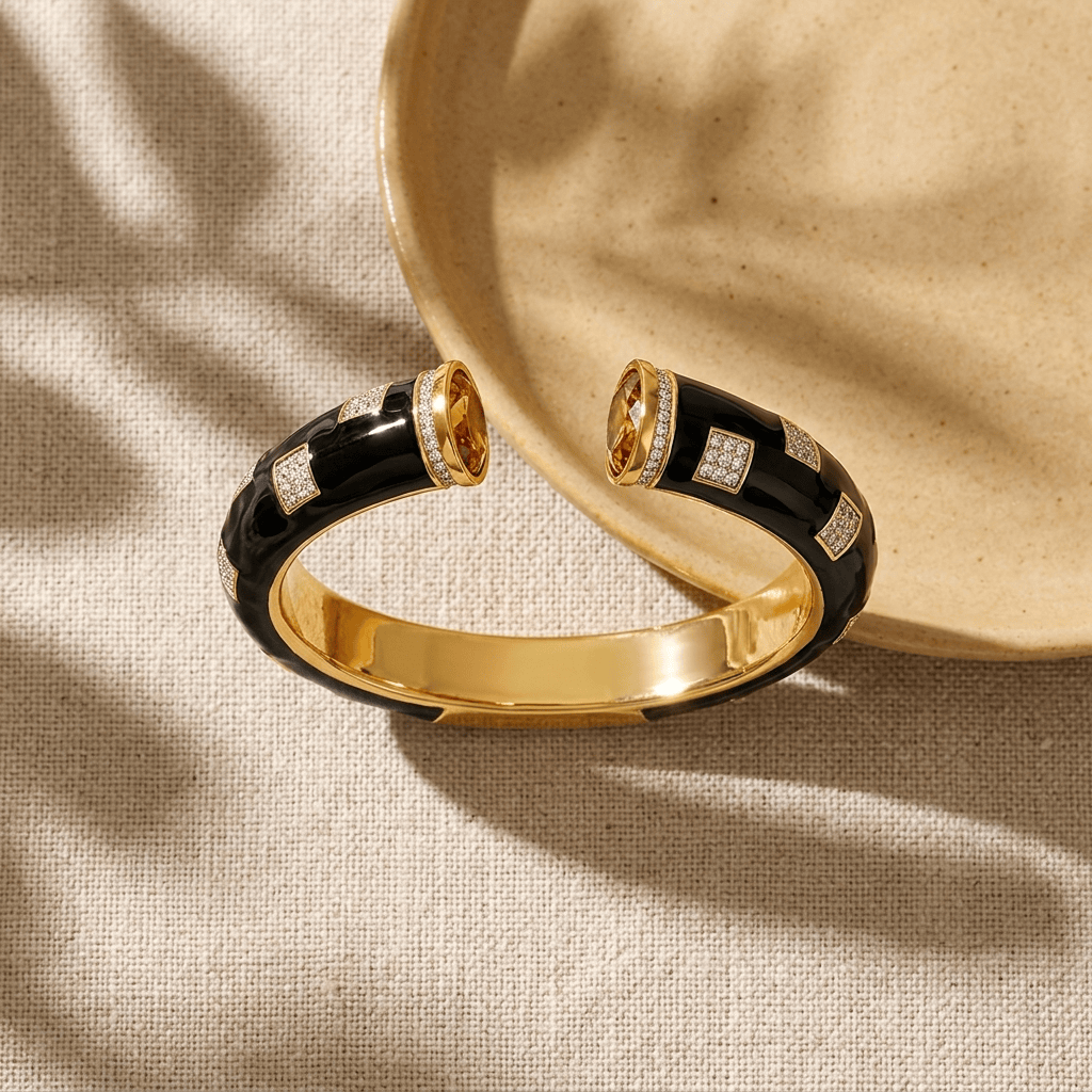 Mataari Bracelets Black Enamel Antique Gold Cubic Zirconia Openable Kada Bracelet