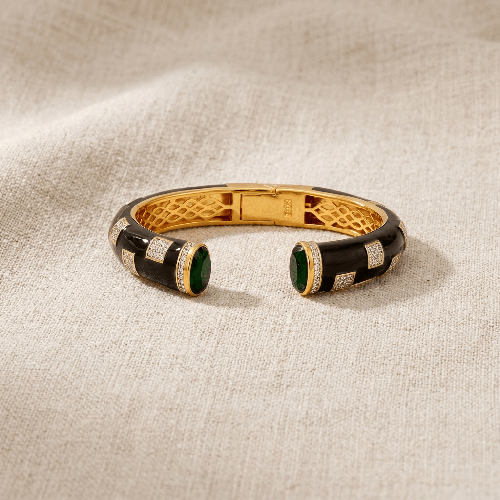 Mataari Bracelets Black Enamel Antique Gold Cubic Zirconia Openable Kada Bracelet