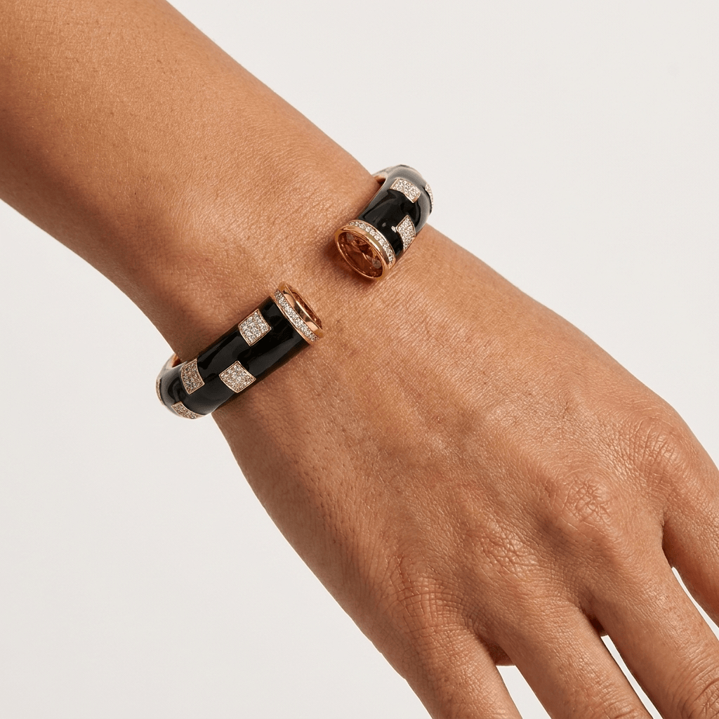 Mataari Bracelets Black Enamel Antique Gold Cubic Zirconia Openable Kada Bracelet