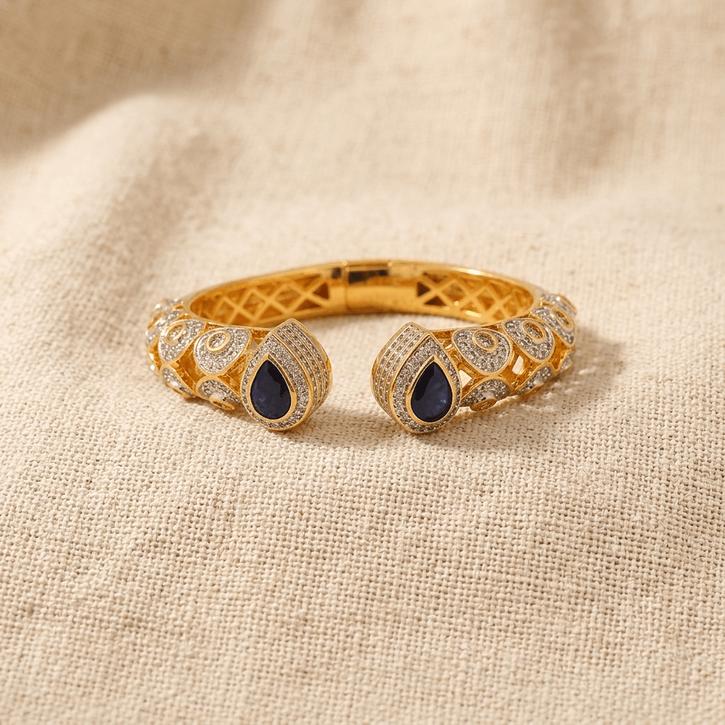 Mataari Bracelets Blue Sapphire Teardrop Gold Openable Cubic Zirconia Kada Bracelet