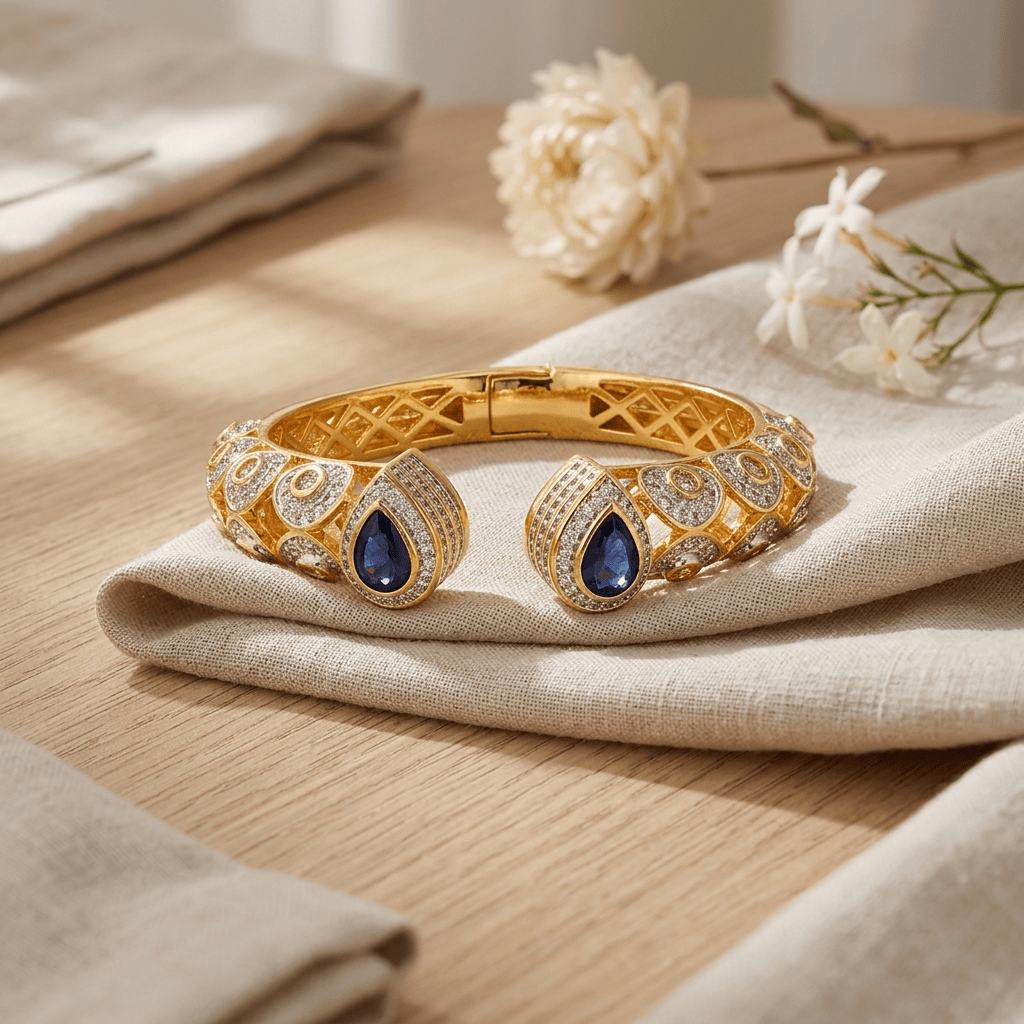 Mataari Bracelets Blue Sapphire Teardrop Gold Openable Cubic Zirconia Kada Bracelet