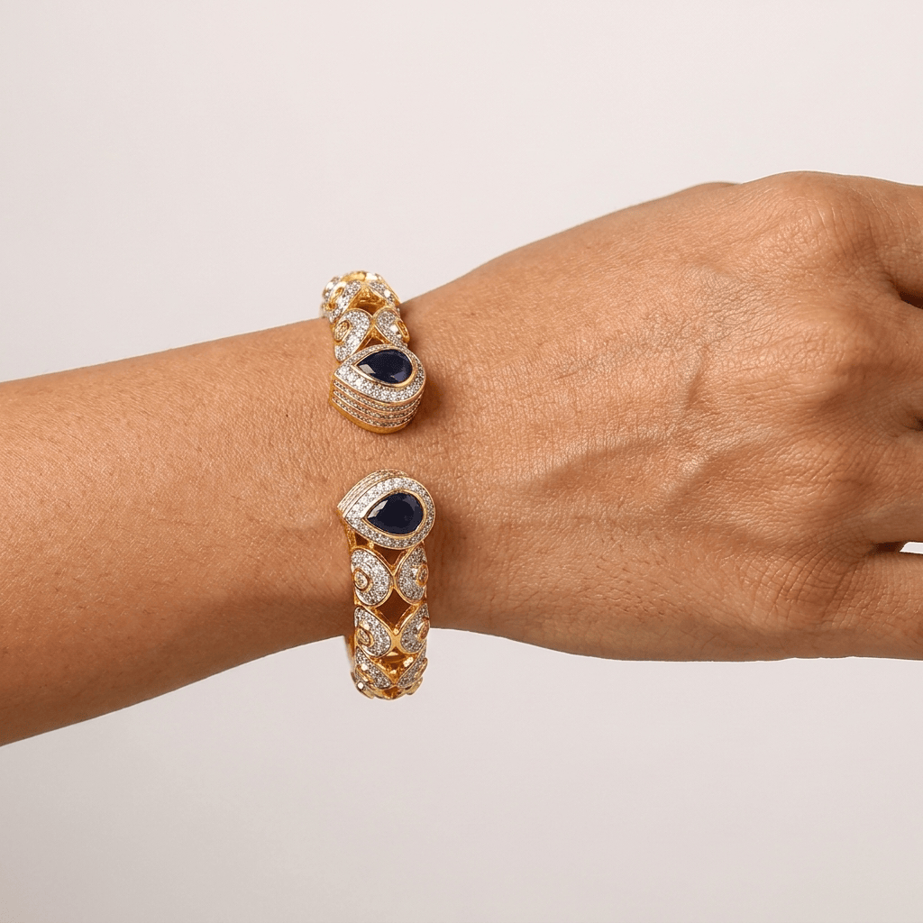 Mataari Bracelets Blue Sapphire Teardrop Gold Openable Cubic Zirconia Kada Bracelet