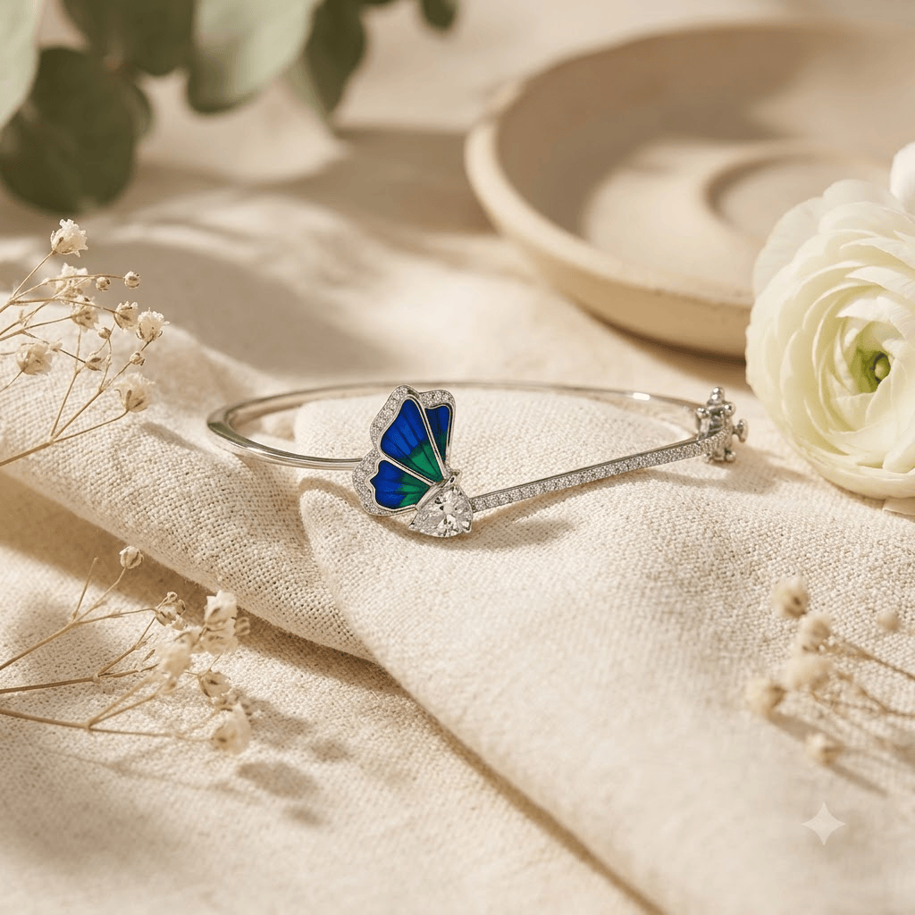 Mataari Bracelets Butterfly Silver Plated Cubic Zirconia Minimalist Openable Kada Bracelet