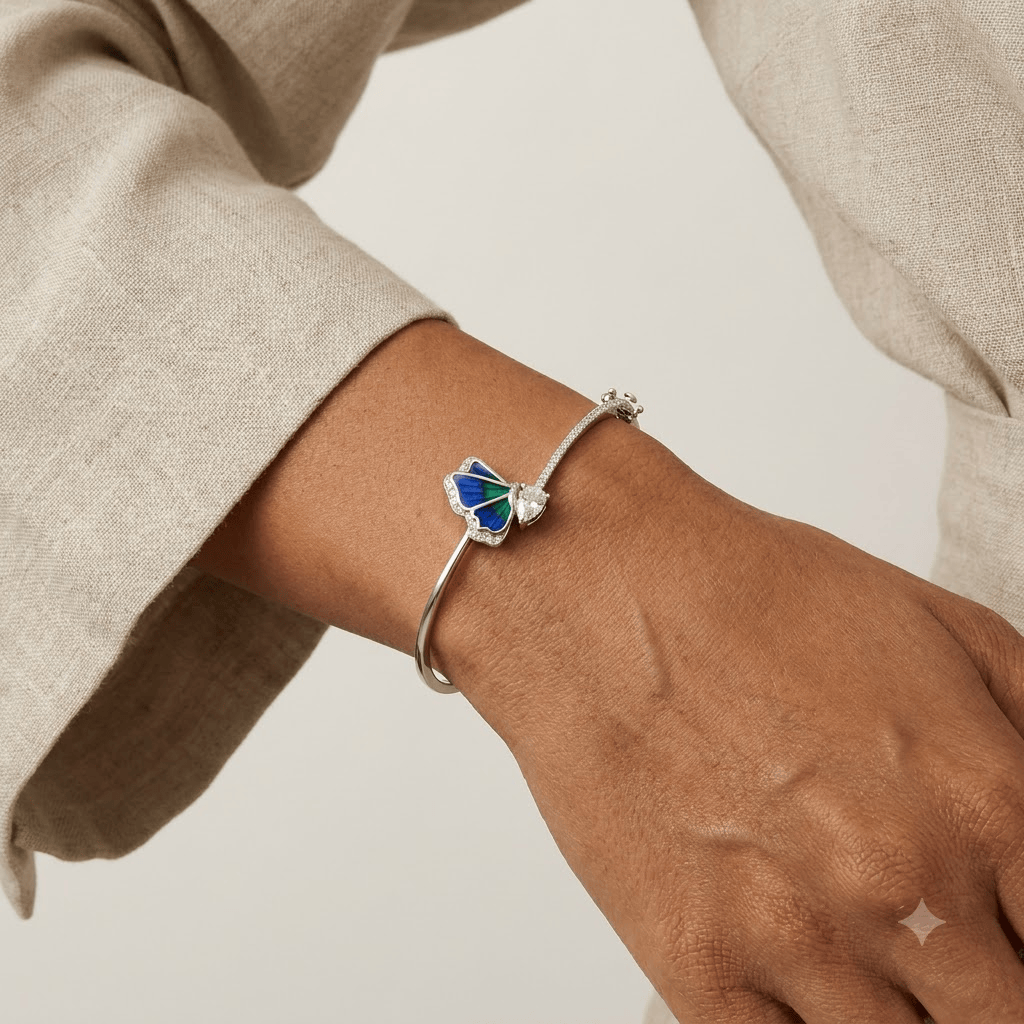 Mataari Bracelets Butterfly Silver Plated Cubic Zirconia Minimalist Openable Kada Bracelet
