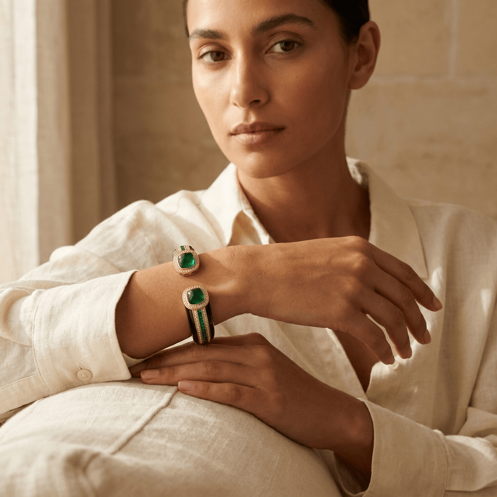 Mataari Bracelets Emerald Antique Gold Cubic Zirconia Baguette Openable Black Kada Bracelet