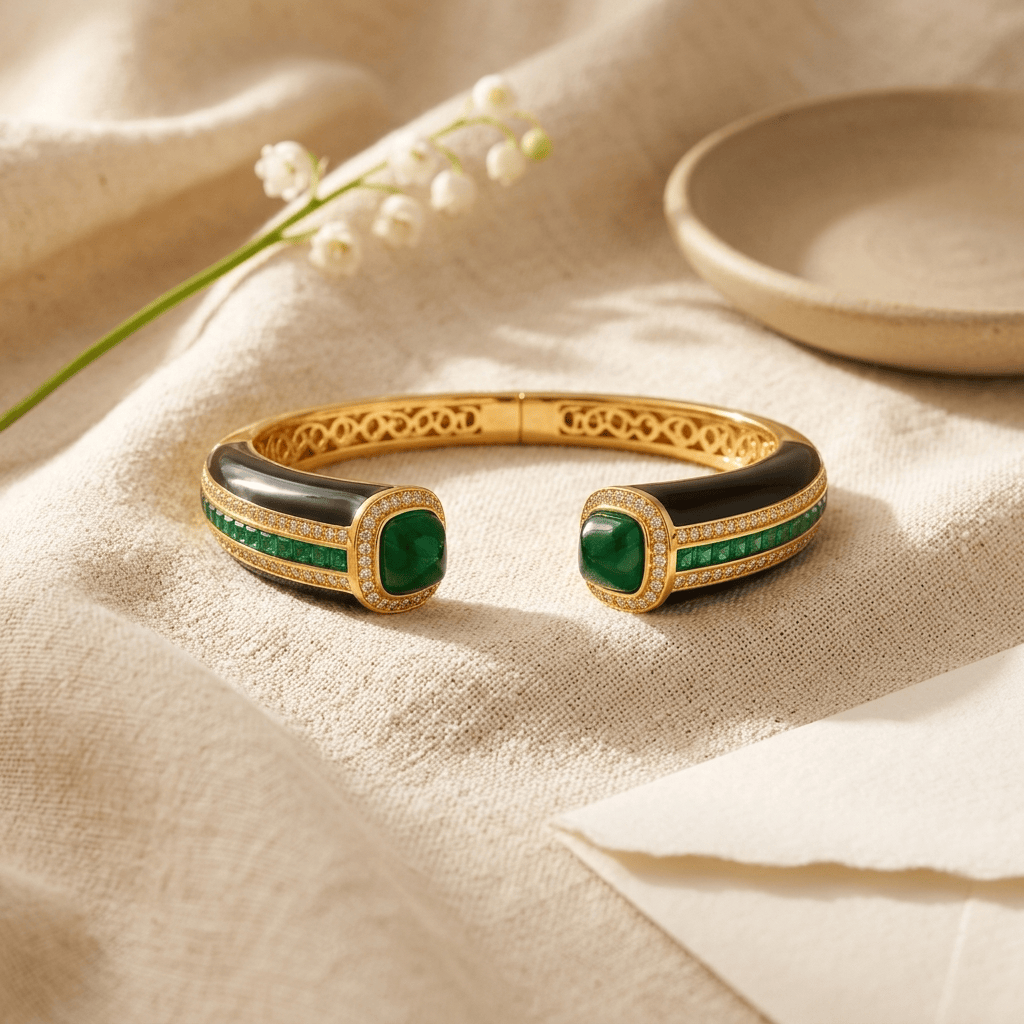 Mataari Bracelets Emerald Antique Gold Cubic Zirconia Baguette Openable Black Kada Bracelet