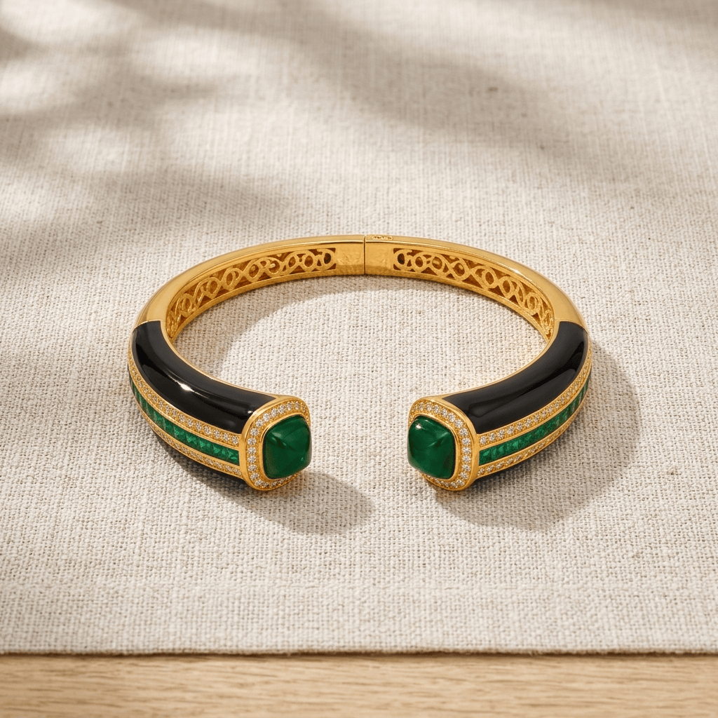 Mataari Bracelets Emerald Antique Gold Cubic Zirconia Baguette Openable Black Kada Bracelet