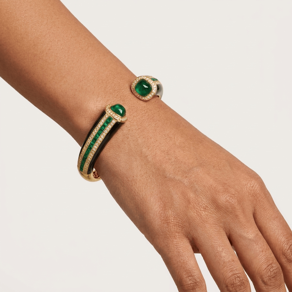 Mataari Bracelets Emerald Antique Gold Cubic Zirconia Baguette Openable Black Kada Bracelet