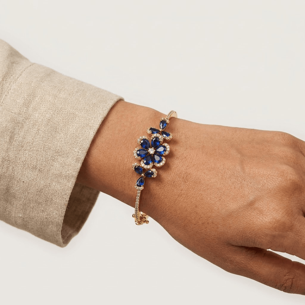 Mataari Bracelets Gold Plated Flower Cubic Zirconia Openable Minimalist Kada Bracelet
