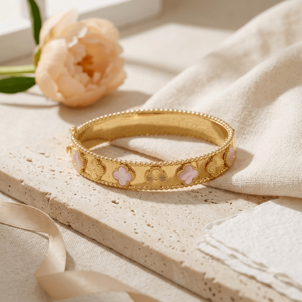 Mataari Bracelets Gold Plated White Flower Clover Openable Kada Bracelet