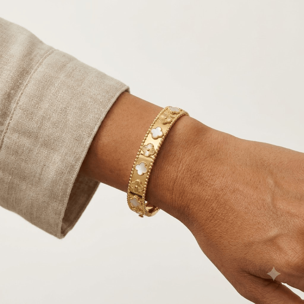 Mataari Bracelets Gold Plated White Flower Clover Openable Kada Bracelet