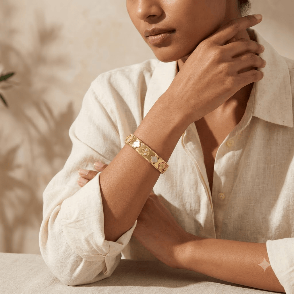 Mataari Bracelets Gold Plated White Flower Clover Openable Kada Bracelet