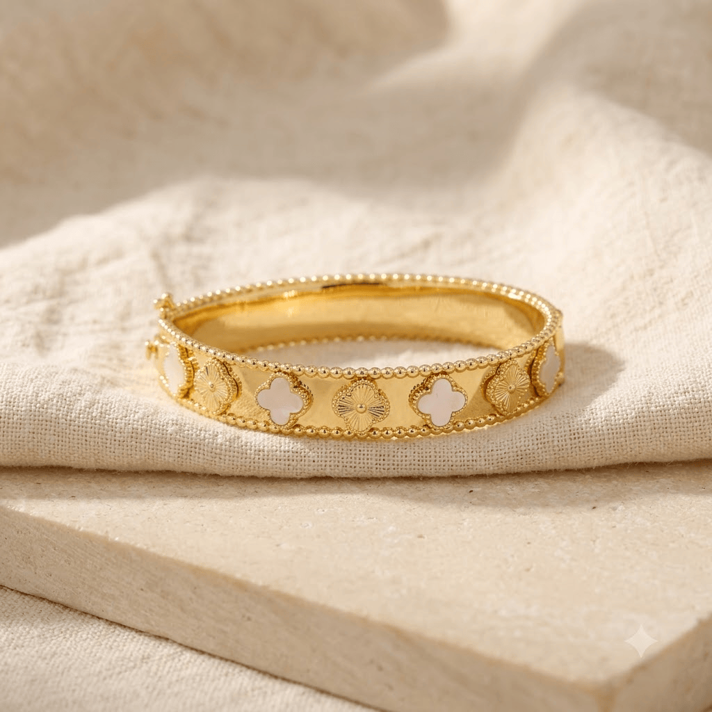 Mataari Bracelets Gold Plated White Flower Clover Openable Kada Bracelet