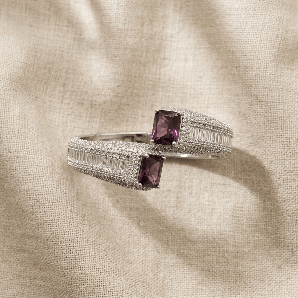Mataari Bracelets Baguette Cubic Zirconia Silver Plated Kada Bracelet for Wedding