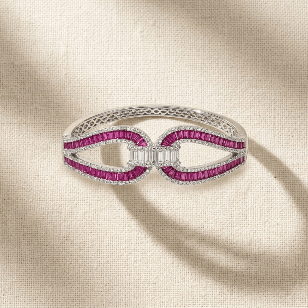 Mataari Bracelets Silver Plated Baguette Cubic Zirconia Kada Bracelet with Amethyst & Sapphire Accents