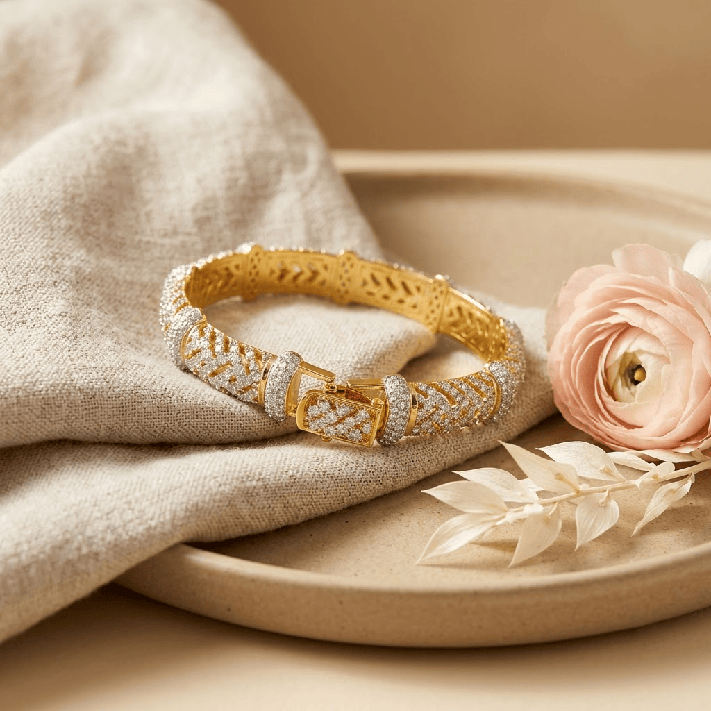 Mataari Bracelets Round Gold Plated Cubic Zirconia Openable Kada Bracelet for Wedding