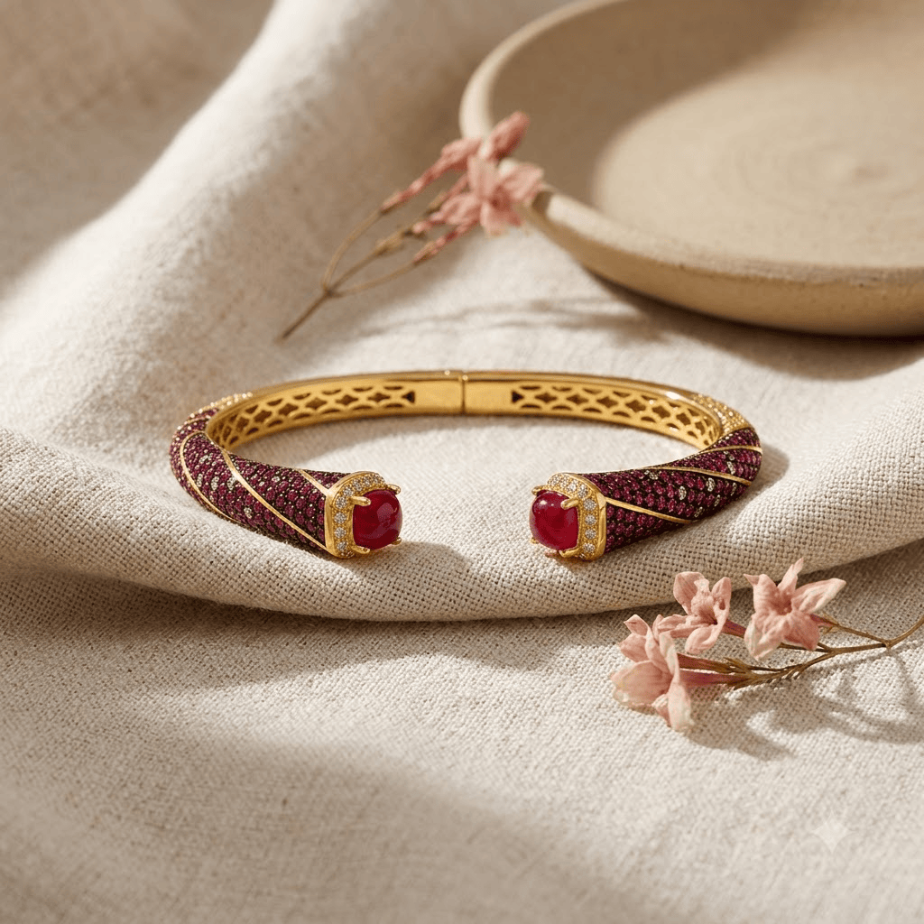 Mataari Bracelets Ruby Black Enamel Antique Gold Cubic Zirconia Openable Kada Bracelet