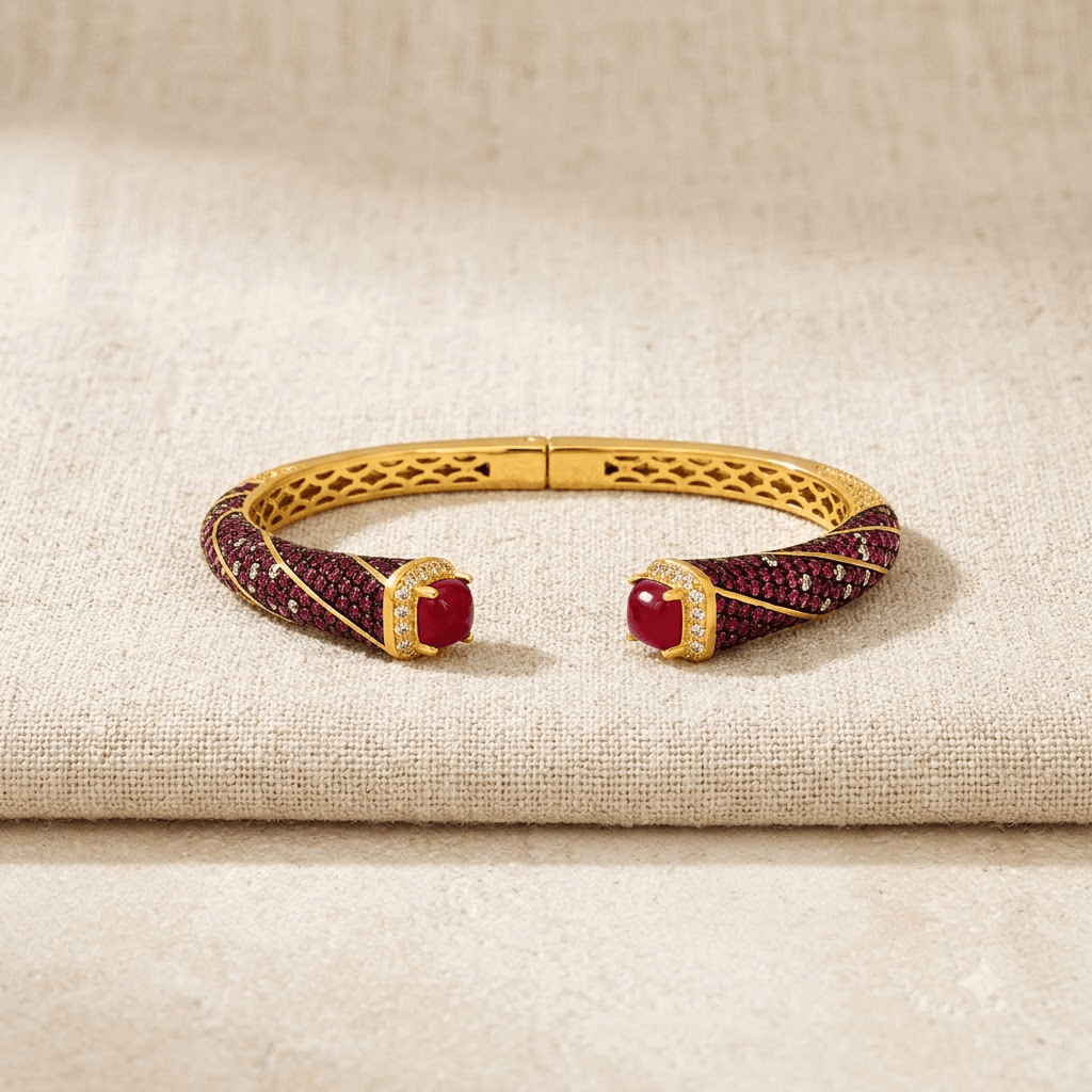 Mataari Bracelets Ruby Black Enamel Antique Gold Cubic Zirconia Openable Kada Bracelet