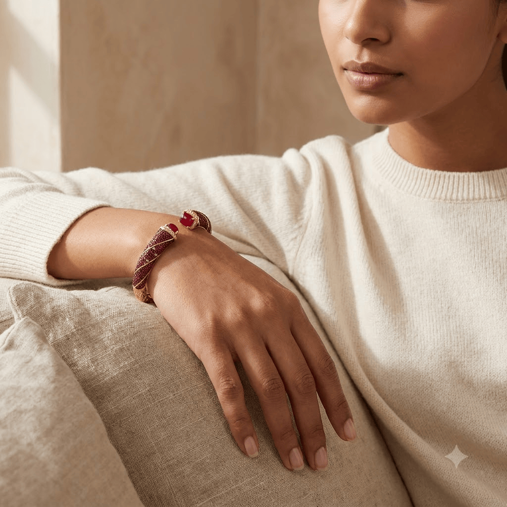 Mataari Bracelets Ruby Black Enamel Antique Gold Cubic Zirconia Openable Kada Bracelet