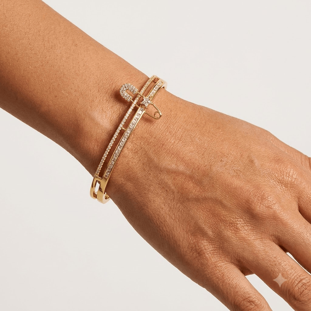 Mataari Bracelets Safety Pin Antique Gold Cubic Zirconia Adjustable Kada Bracelet