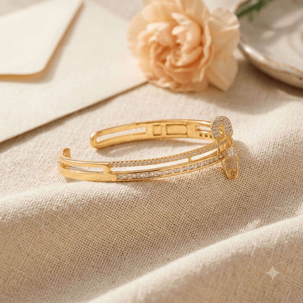 Mataari Bracelets Safety Pin Antique Gold Cubic Zirconia Adjustable Kada Bracelet
