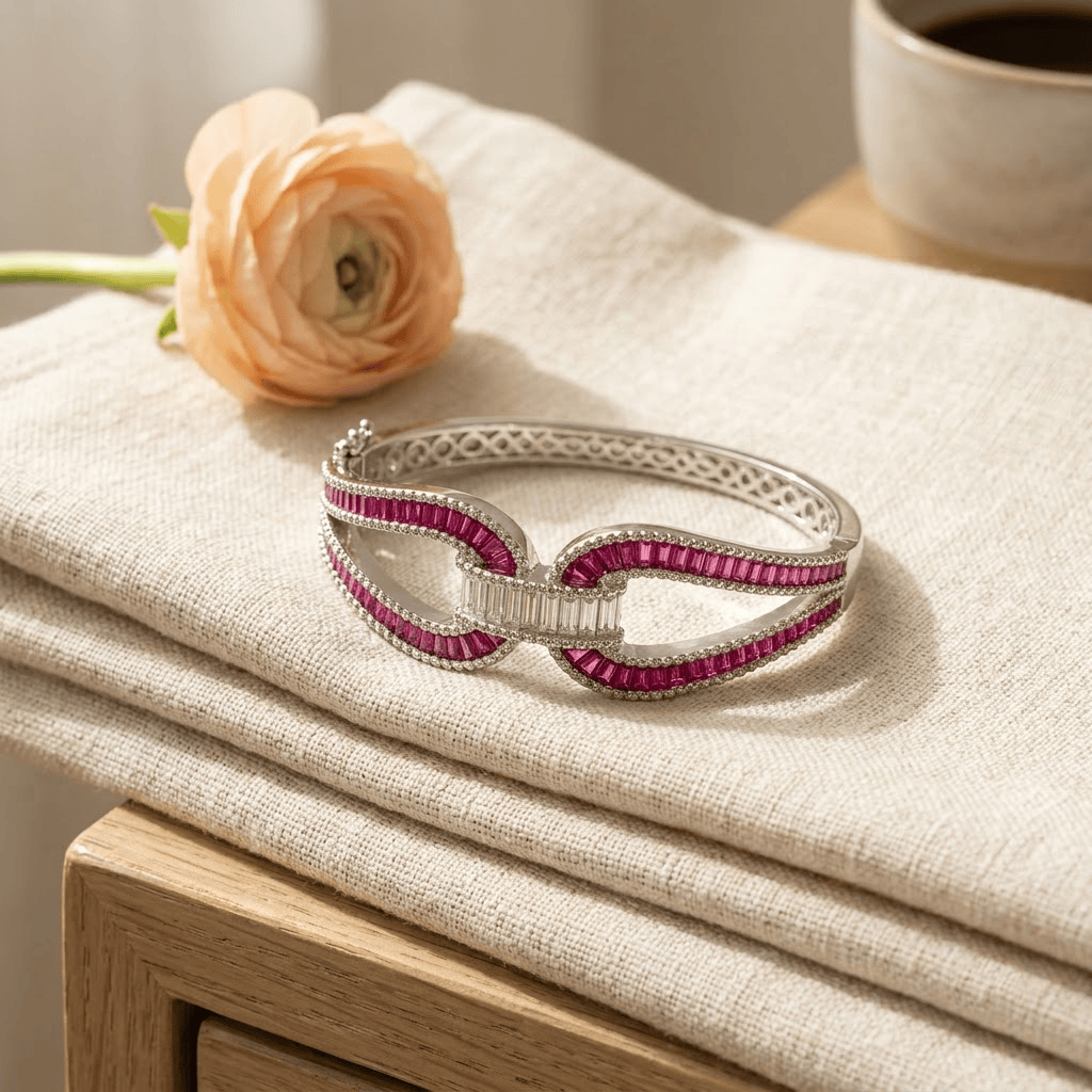 Mataari Bracelets Silver Plated Baguette Cubic Zirconia Kada Bracelet with Amethyst & Sapphire Accents