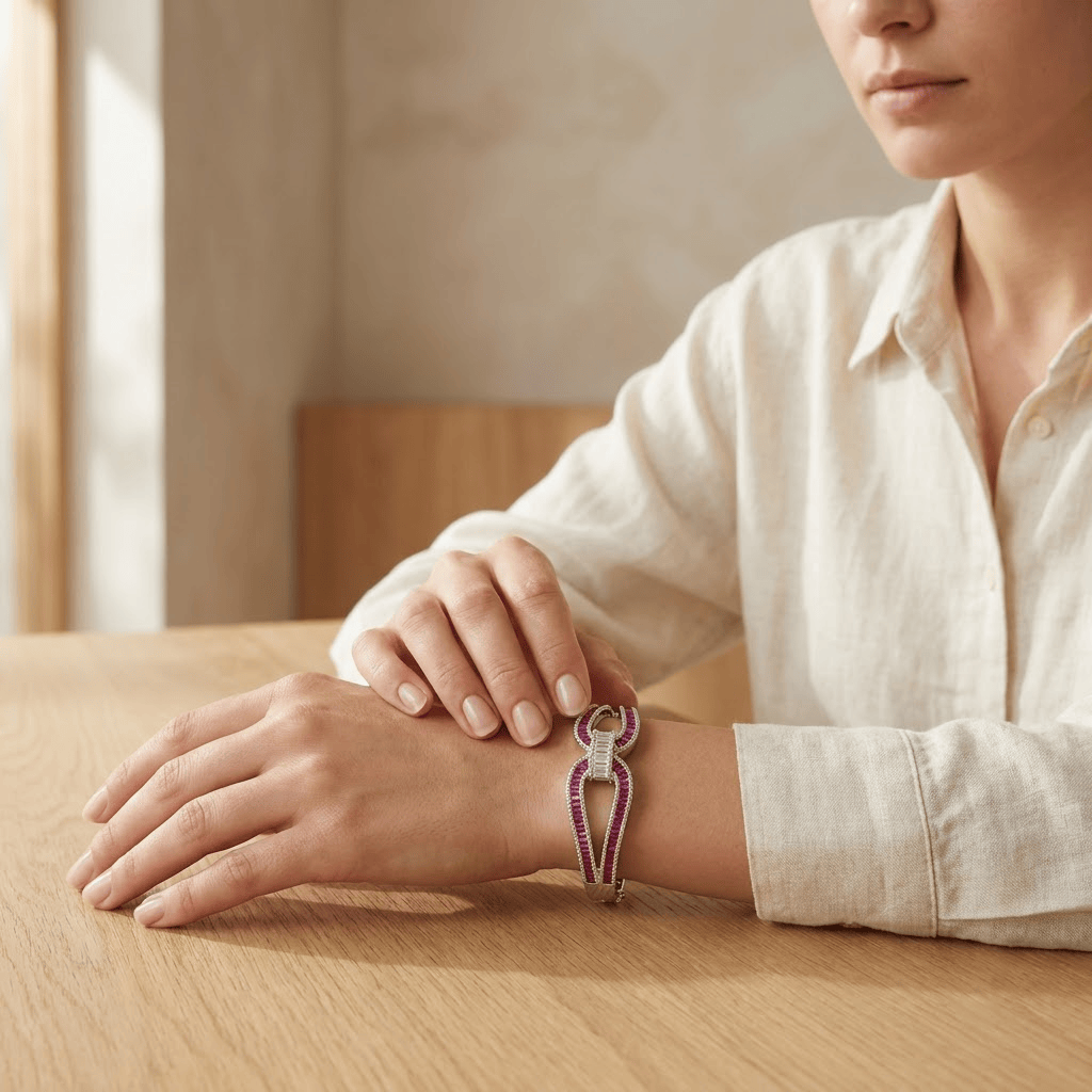 Mataari Bracelets Silver Plated Baguette Cubic Zirconia Kada Bracelet with Amethyst & Sapphire Accents